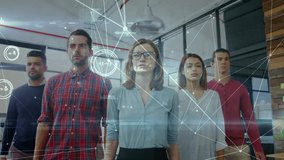 Animation of network of connections against group of diverse colleagues walking together at office. Global networking and business technology concept - Powered by Shutterstock - Get 15% off with code: PIKWIZARD15