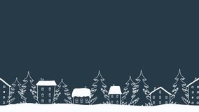 Christmas animation. Winter landscape passing by. Happy new year moving background. White silhouettes of houses and trees on blue background. Firework in the form of numbers of the 2024 year in sky