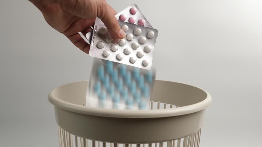 Expired vitamins in the form of tablets are thrown into the trash for recycling or disposal.