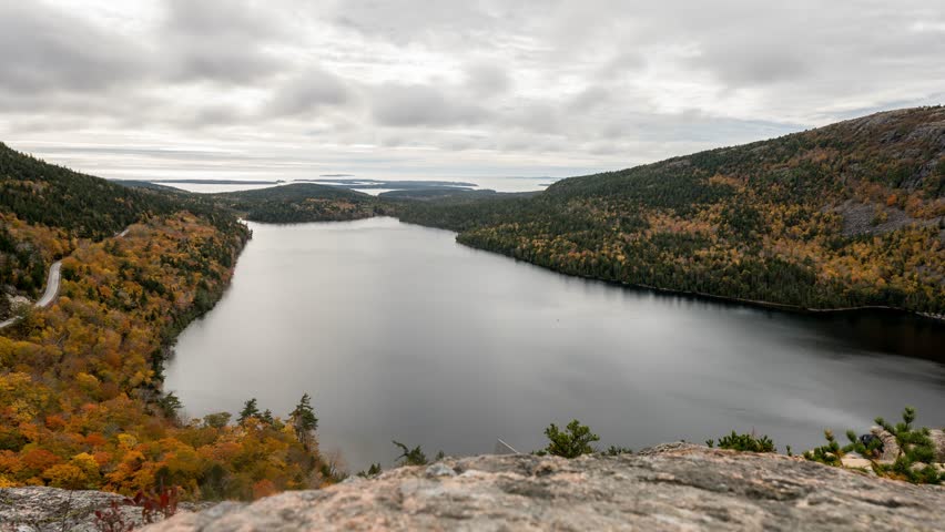 Motion Lapse of Jordan Pond with Hikers in Acadia National Park
