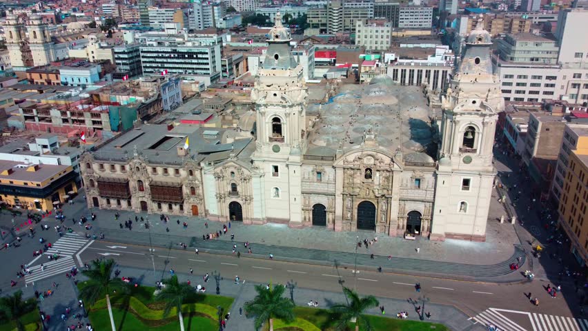 Lima Peru downtown square 360 aerial view with the cathedral, president office, government, restaurants tourism South America politics