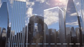 Growing chart and financial figures with monthly profit bars on a background of skyscrapers and business district. Business concept with securities rate and annual report for company shareholders. - Powered by Shutterstock - Get 15% off with code: PIKWIZARD15