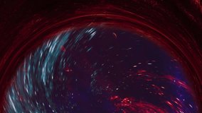 Vertical video. Colorful vortex background. Space portal. Red blue contrast sparks flow in orange shimmering glitter fog circle hypnotic motion magic abstract art.