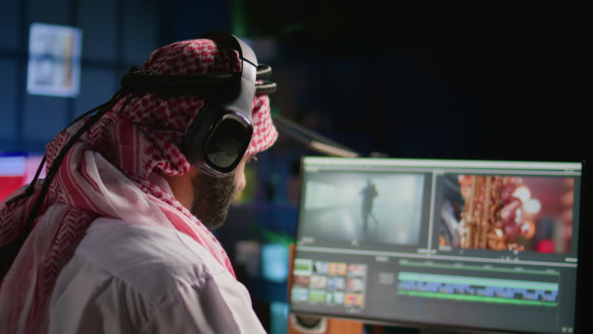 Middle Eastern content creator editing cinematographic project in post production process, working with images and sounds. Teleworking artist doing video selection on computer screen Royalty-Free Stock Footage #1110642409