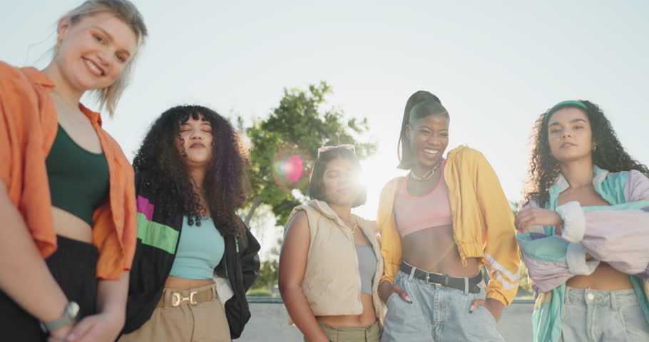 Friends, outdoor and group with street fashion in city, park or diversity together in summer. People, smile and cool gen z style, attitude and streetwear with community or women relax in urban town Royalty-Free Stock Footage #1110645175