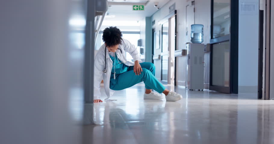 Hospital, woman and doctor on the floor, stress and burnout with mistake, thinking and depression. Mental health, person and medical professional on the ground, tired and fatigue with anxiety and sad Royalty-Free Stock Footage #1110645883