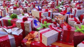 Looped video of an endless field of Christmas presents.