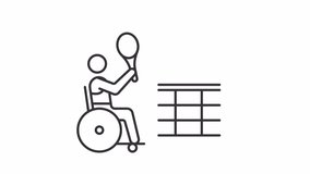 2D black creative thin linear animation of wheelchair tennis, HD video with transparent background, seamless loop 4K video representing sports games.
