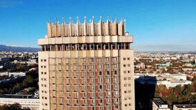 Beautiful view of the Kazakhstan Hotel from a drone, in the center of Almaty