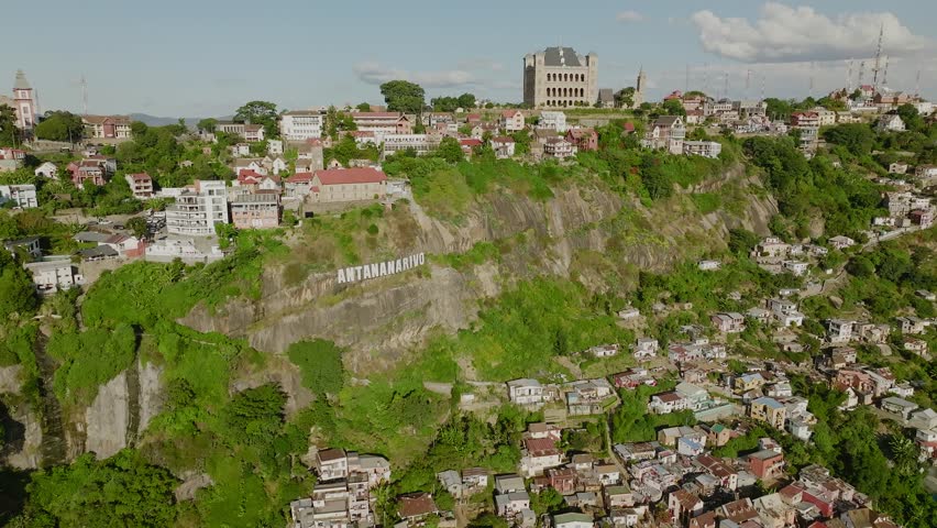 Antananarivo - capital city of Madagscar with Rova - palace of kings on the hill. - long drone shot