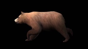 A brown bear running on black background with alpha channel included at the end of the video, 3D animation, side view, animated animals, seamless loop animation