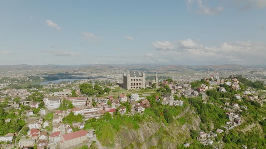 Wide drone shot of Rova - historical palace of kings on the hill in Antananarivo - Madagascar