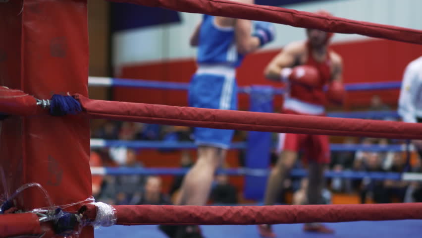 Blurred silhouettes of two male boxers in red uniform and gloves fighting in the ring. Professional sport competition. Real fighters and referee on stage. Kickboxing, strength, power active lifestyle. Royalty-Free Stock Footage #1110659489