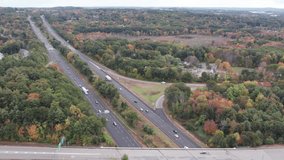 Drone footage over Donald Lynch Boulevard and Route 495 in Marlboro, Massachusetts.