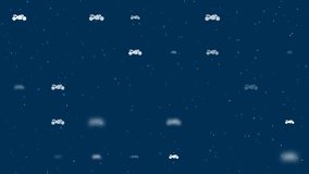 Template animation of evenly spaced bike symbols of different sizes and opacity. Animation of transparency and size. Seamless looped 4k animation on dark blue background with stars