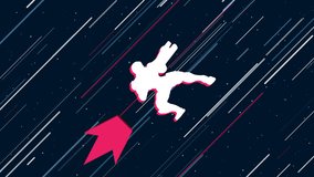 Combat robot flies through the universe on a jet propulsion. The symbol in the center is shaking due to high speed. Seamless looped 4k animation on dark blue background with stars - Powered by Shutterstock - Get 15% off with code: PIKWIZARD15