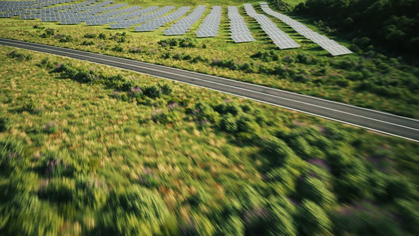 Electric car driving through landscape. Solar power plant and Windmills. 3d animation Royalty-Free Stock Footage #1110662363