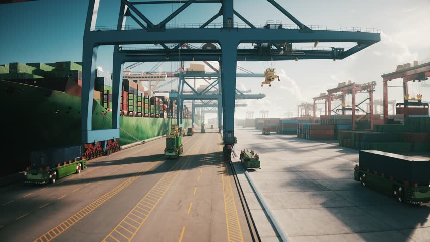 Container ship loading and unloading. Technology transportation logistics at cargo sea port. 3d animation