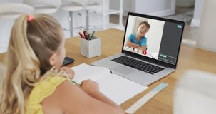 Animation of sale text and data processing over caucasian girl on laptop video call. Global computing, digital interface and data processing concept digitally generated video.