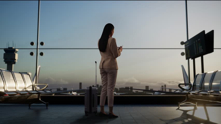 Full Body Back View Of Asian Businesswoman With Rolling Suitcase In Boarding Lounge Of Airline Hub, Waiting For Flight Looks At The Ticket, Airport Terminal With Airplane Takes Off Outside The Window Royalty-Free Stock Footage #1110665389