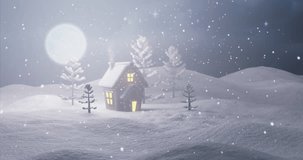 Animation of winter scenery and over snow falling on fir tree branch background. Christmas, tradition and celebration concept digitally generated video.