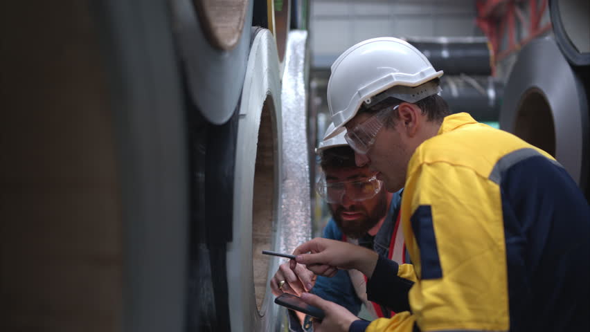 A team of young men working in a warehouse storing rolls of metal sheets. Inspecting the metal sheet rolls stored in the warehouse to be imported onto the metal sheet production line.