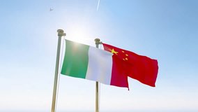 Italy and China flags waving together on blue sky, looped video. 4K ULTRA HD. 