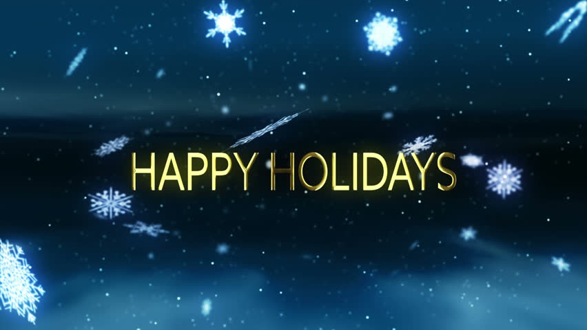 Animation of hapy holidays text over snow falling on blue background. Christmas, tradition and celebration concept digitally generated video.