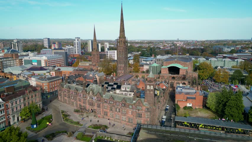 Orbiting over Central Coventry, with cathedral