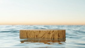 Wooden podium on wave beach and sunset sky abstract background. Copy space for product presentation. 3d render.	
