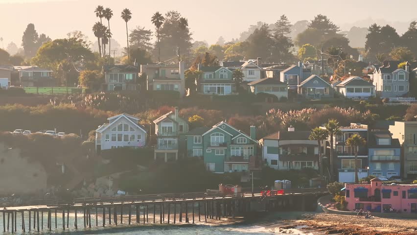 Colorful residential neighborhood Capitola Venetian Court in the California coast, USA. Aerial view of the colorful beach neighborhood in Capitola, California 
