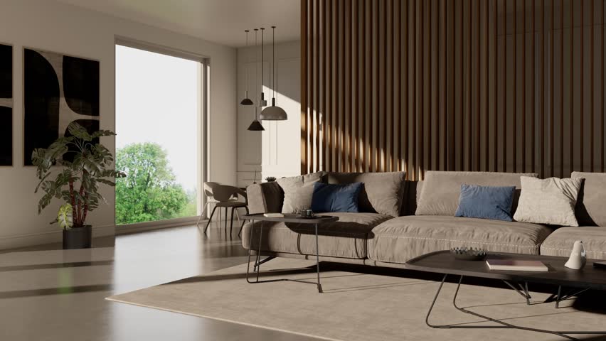 3d video rendering footage contemporary interior design of the living room. Stylish interior of the living room
