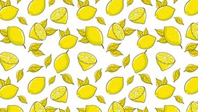 4k animated fresh yellow lemon and leaves motion pattern on white background. Motion Wallpaper Banner or Card Template. Half limes pattern. Citrus Fruit animated pattern design. Multiple uses. 