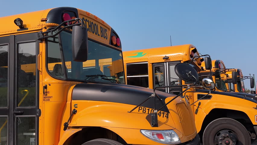 School buses line up in a parking lot awaiting the school day near the school. Group of yellow school buses in a parking lot.  | Shutterstock HD Video #1110677957