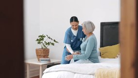 Nurse, walking and helping senior woman from bed in retirement, nursing home or healthcare. Caregiver, support or elderly person in bedroom with mobility care for arthritis, osteoporosis or balance - Powered by Shutterstock - Get 15% off with code: PIKWIZARD15