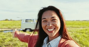 Happy, vlogging and face of woman in nature on adventure with a caravan on a road trip for fun. Smile, travel and portrait of young Asian female person recording a video outdoor by countryside.