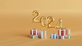 Celebrating 2024 with Golden Balloons and Gifts on yellow background - Powered by Shutterstock - Get 15% off with code: PIKWIZARD15