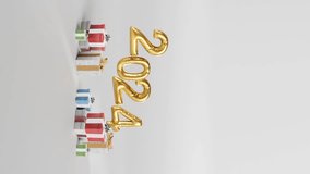 Celebrating 2024 with Golden Balloons and Gifts on white background vertical - Powered by Shutterstock - Get 15% off with code: PIKWIZARD15