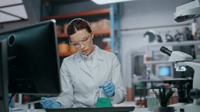 Woman scientist experimenting with flask drug sample in medical laboratory closeup. Serious microbiology specialist using pipette working examining substance. Skilled expert making scientific research - Powered by Shutterstock - Get 15% off with code: PIKWIZARD15