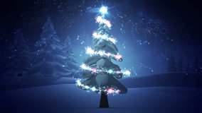 Animation of feliz navidad text and shooting star spinning over christmas tree on winter landscape. Christmas festivity and celebration concept - Powered by Shutterstock - Get 15% off with code: PIKWIZARD15