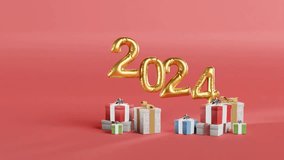 Celebrating 2024 with Golden Balloons and Gifts on red background - Powered by Shutterstock - Get 15% off with code: PIKWIZARD15