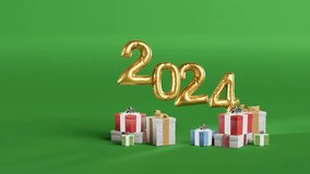 Celebrating 2024 with Golden Balloons and Gifts on green background - Powered by Shutterstock - Get 15% off with code: PIKWIZARD15