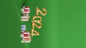 Celebrating 2024 with Golden Balloons and Gifts on green background vertical - Powered by Shutterstock - Get 15% off with code: PIKWIZARD15