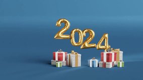 Celebrating 2024 with Golden Balloons and Gifts on blue background - Powered by Shutterstock - Get 15% off with code: PIKWIZARD15