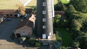 Waltham windmill. Aerial drone video clip of the historical working windmill. Only six sailed windmill in the UK