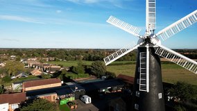 Waltham windmill. Aerial drone video clip of the historical working windmill. Only six sailed windmill in the UK
