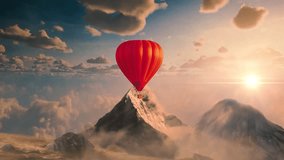 Red hot air balloon in blue sky with white clouds and mountains on sunset - Powered by Shutterstock - Get 15% off with code: PIKWIZARD15