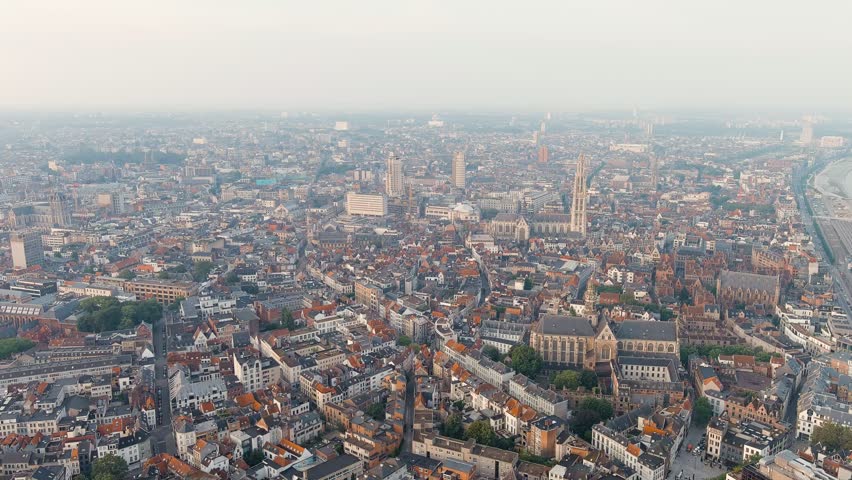 Antwerp, Belgium. Panorama overlooking the Cathedral of Our Lady (Antwerp). Historical center of Antwerp. City is located on the river Scheldt (Escaut). Summer morning, Aerial View
