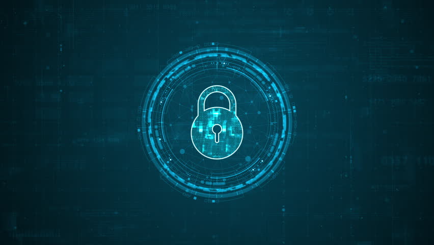 Motion graphic of Blue digital security key logo and circle futuristic HUD elements with flowing arrows with network firewall technology and data secure concepts on abstract background - Powered by Shutterstock - Get 15% off with code: PIKWIZARD15