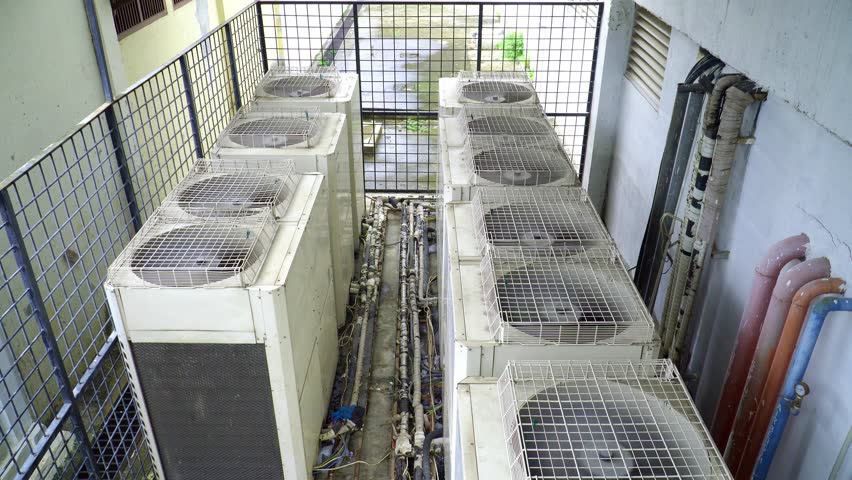 Air conditioner outside unit compressors, Multiple machines, Air conditioner factory, The heat that floats up into the atmosphere is a lot. | Shutterstock HD Video #1110708163